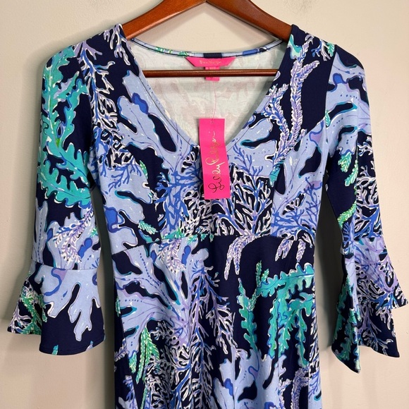 Lilly Pulitzer Raina Dress Deep Indigo Swish & Sway Tiered Sleeves XXS $168 - Picture 4 of 9